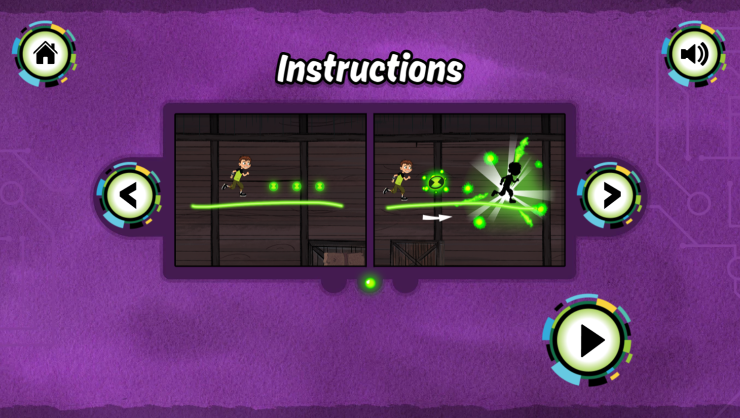 Ben 10 Escape Route Game Instructions Screenshot.