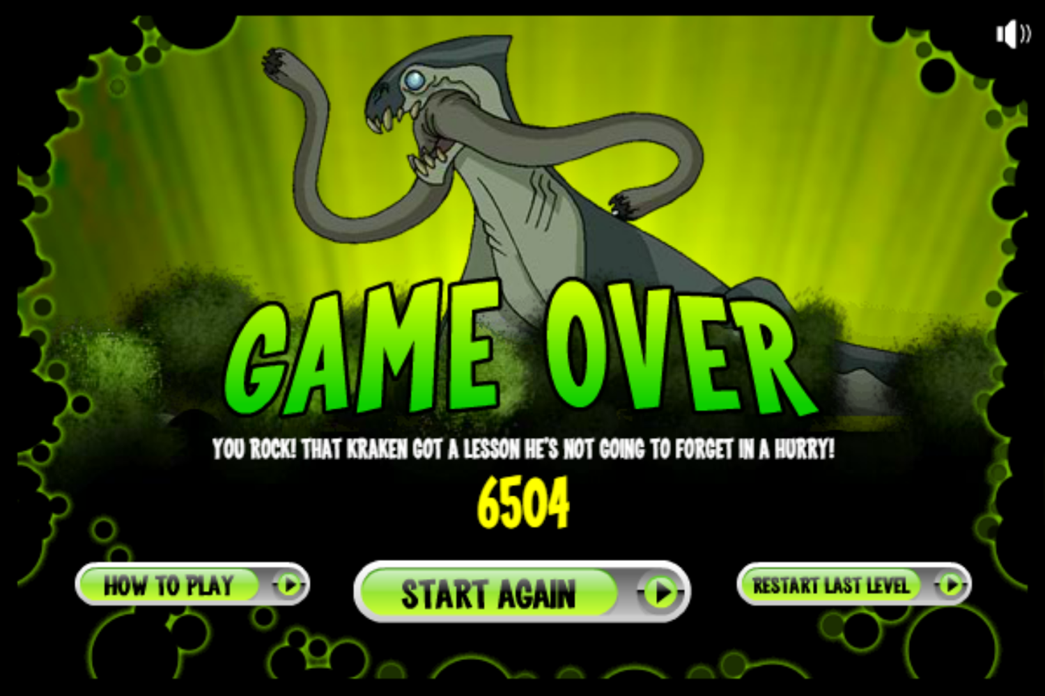 Ben 10 Kraken Attack Game Over Screenshot.