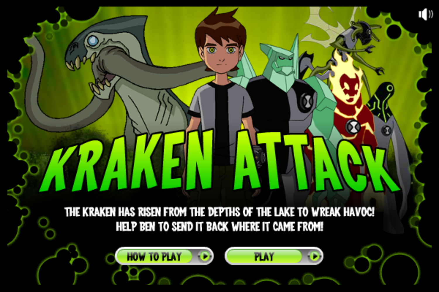 Ben 10 Kraken Attack Game Welcome Screen Screenshot.