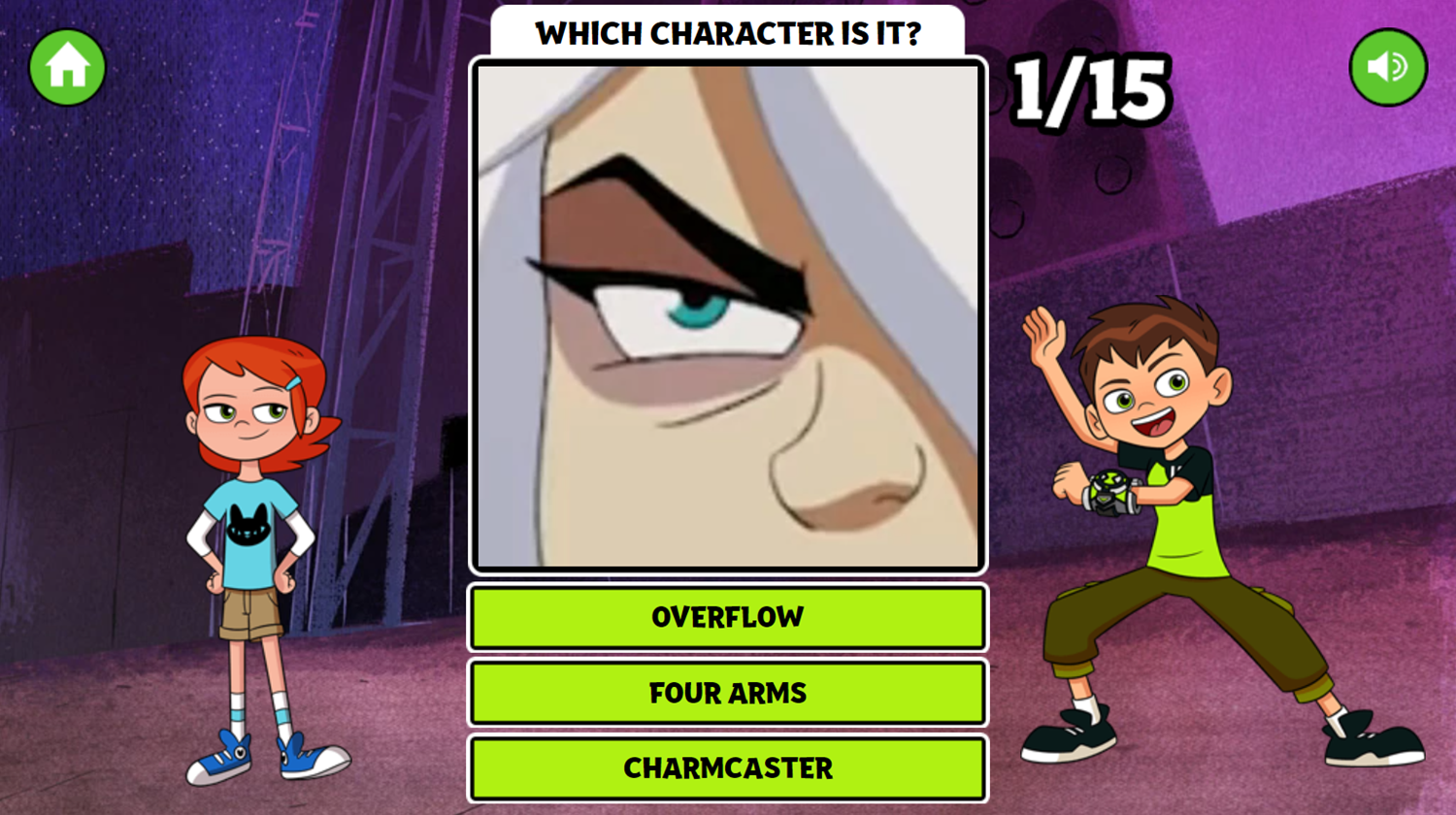 Ben 10 the Close Up Quiz Game 1st Question Screenshot.