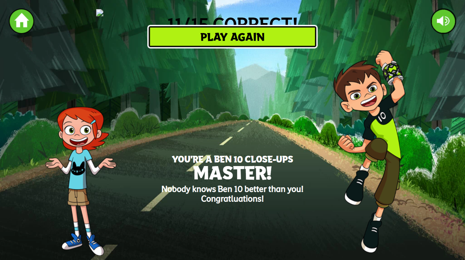 Ben 10 the Close Up Quiz Game Result Screenshot.