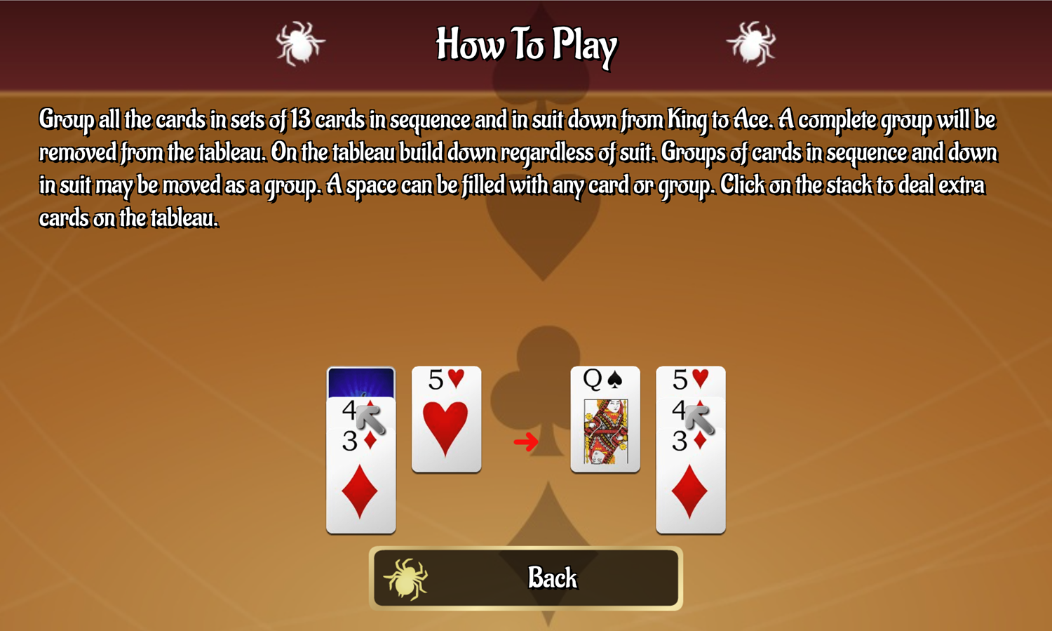 Big Spider Solitaire Game How to Play Information Screen Screenshot.