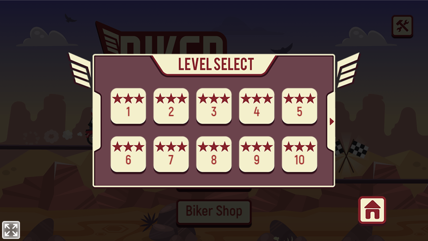 Biker Lane Game Level Select Screen Screenshot.