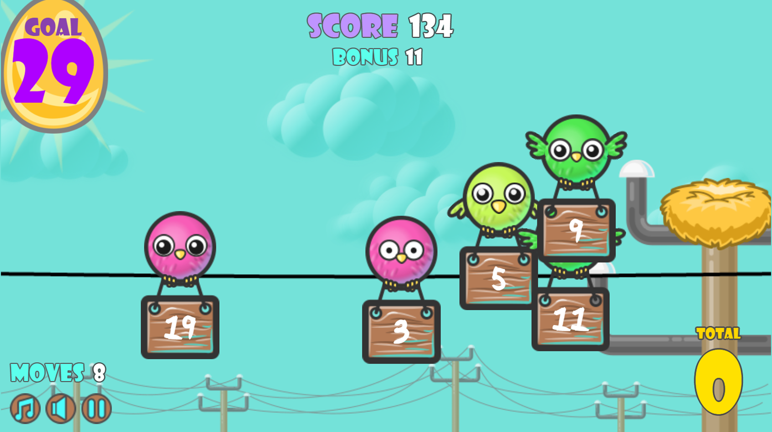 Bird Line Math Addition Game Screenshot.