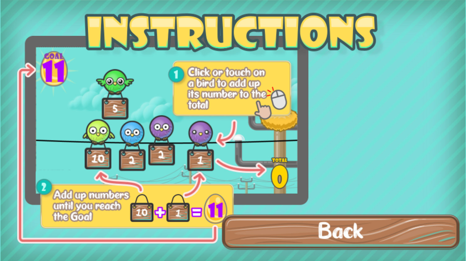Bird Line Math Addition Game How to Play Instructions Screen Screenshot.