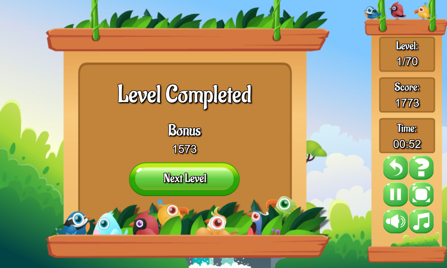 Birds Kyodai Game Level Completed Screenshot.
