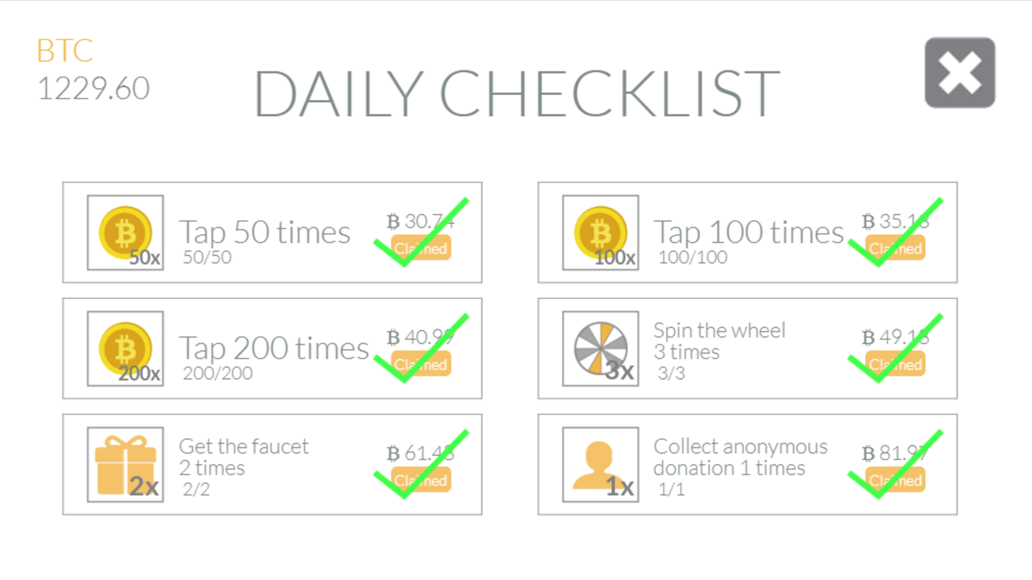 Bitcoin Tap Tap Mine Game Daily Checklist Complete Screenshot.