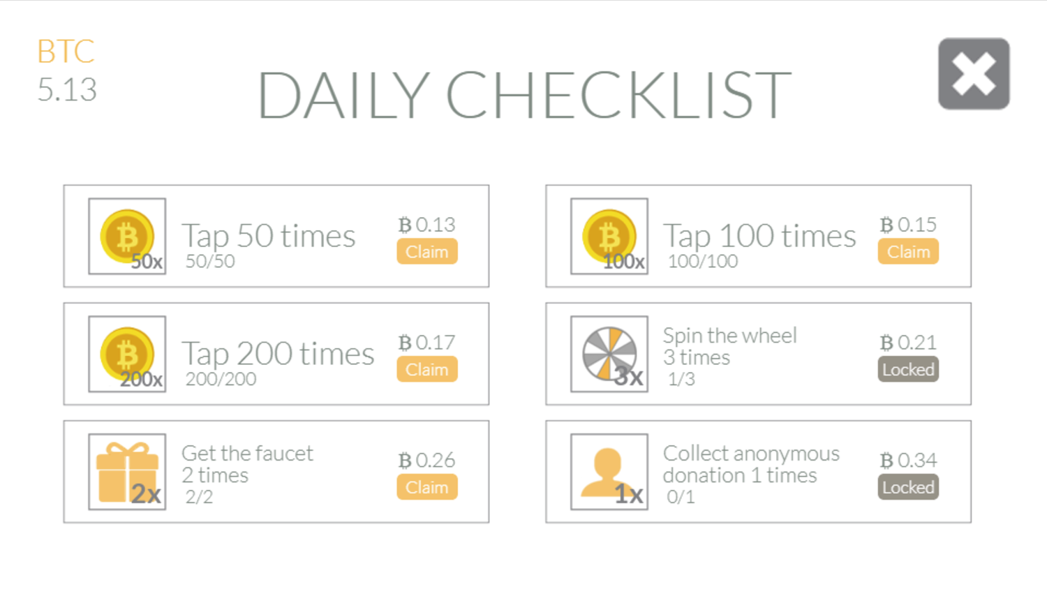 Bitcoin Tap Tap Mine Game Daily Checklist Screen Screenshot.