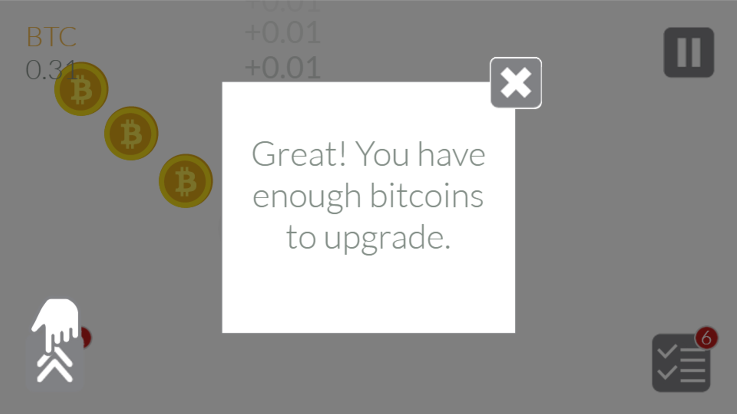 Bitcoin Tap Tap Mine Game Purchase an Upgrade Screenshot.