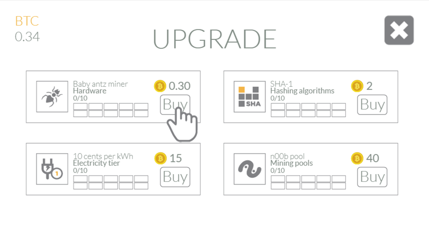 Bitcoin Tap Tap Mine Game Upgrade Menu Screen Screenshot.