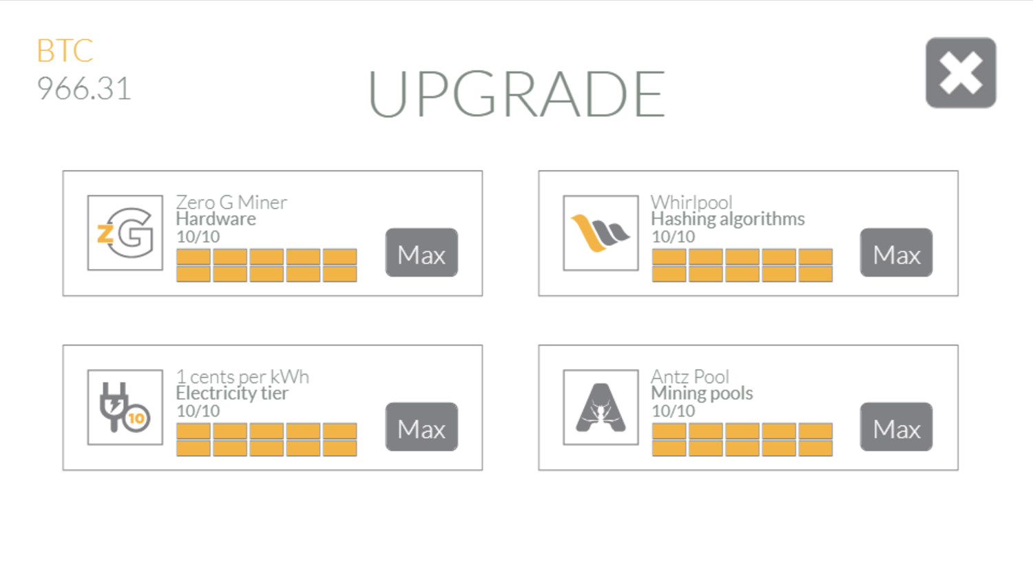 Bitcoin Tap Tap Mine Game Upgrades Complete Screenshot.