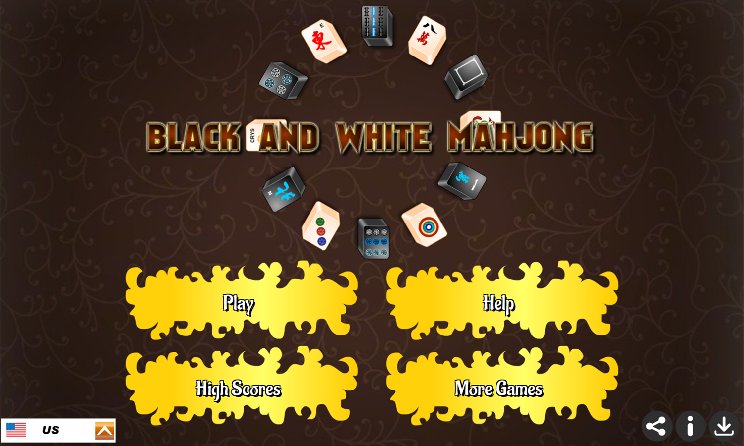 Black and White Mahjong Game Welcome Screen Screenshot.