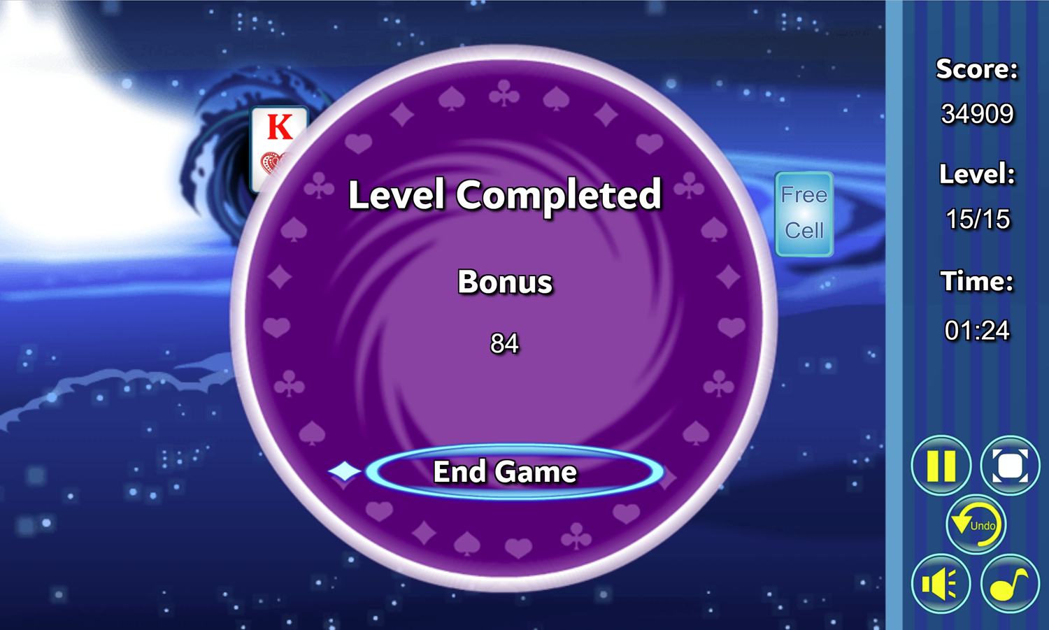 Black Hole Solitaire Game Level Completed Screen Screenshot.