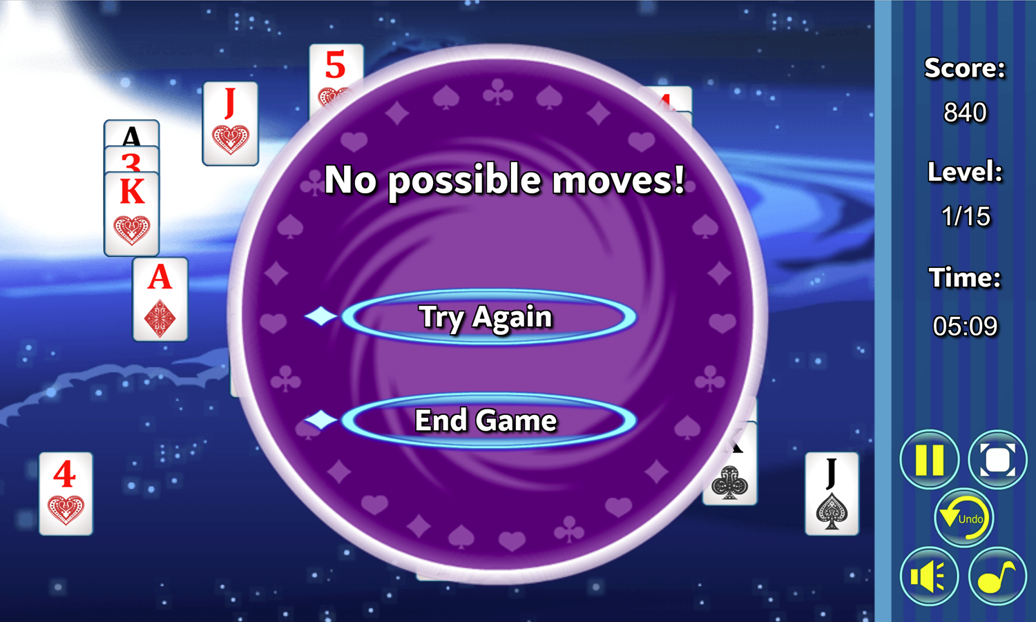 Black Hole Solitaire Game No Possible Moves Screen Screenshot.