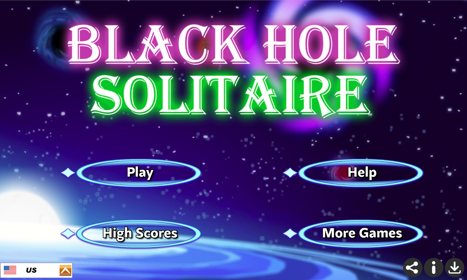 Black Hole Solitaire Game Welcome Screen Screenshot.