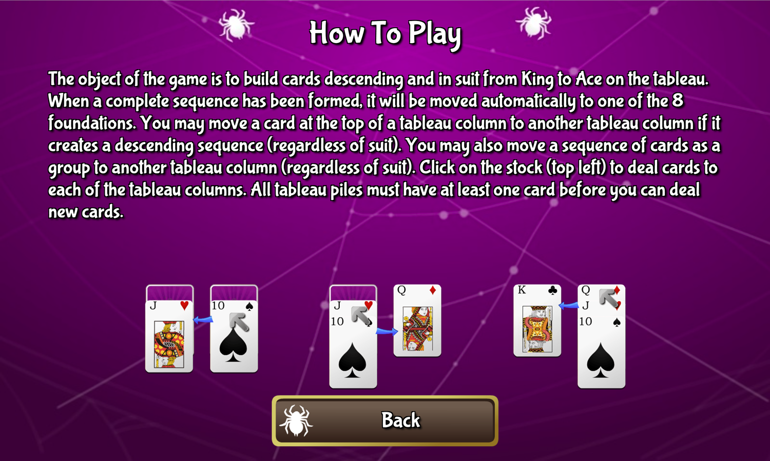 Black Widow Solitaire Game How to Play Instructions Screen Screenshot.