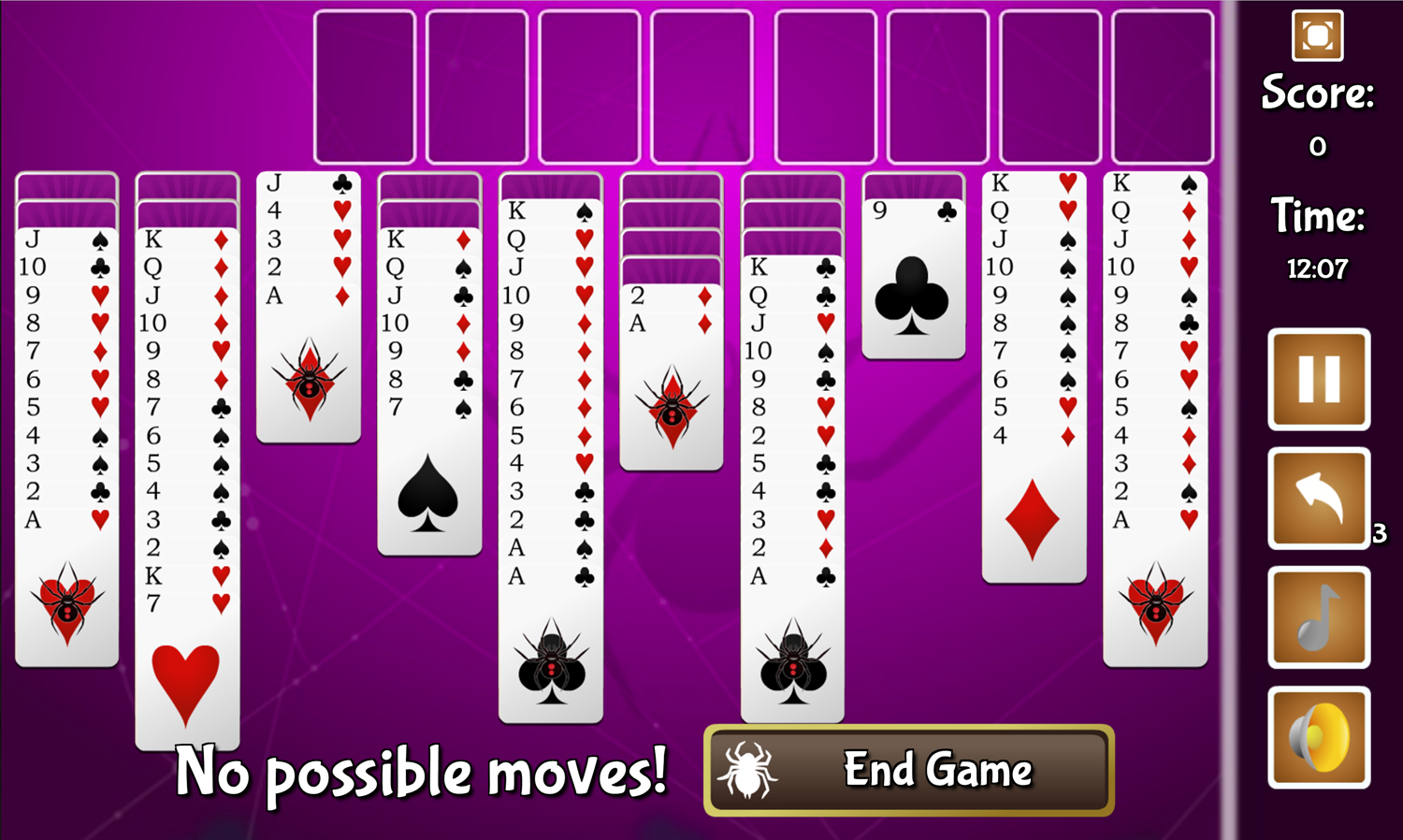 Black Widow Solitaire Game No Possible Moves Screenshot.