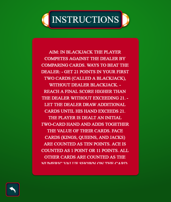 Blackjack Master Game Instructions Screenshot.