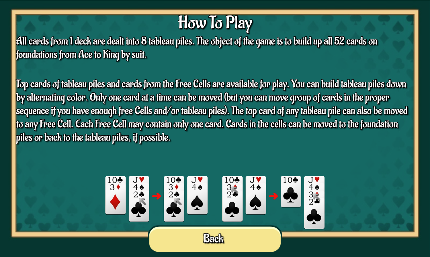 Blind Freecell Game How to Play Screen Screenshot.