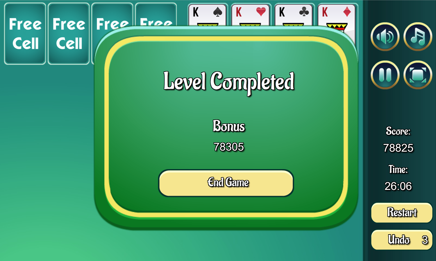 Blind Freecell Game Level Complete Screen Screenshot.