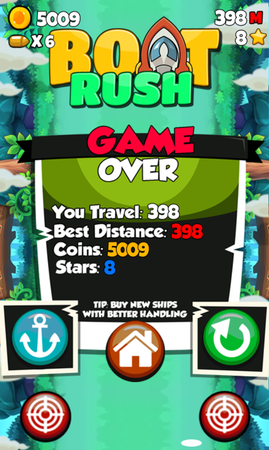 Boat Rush Game Over Screenshot.