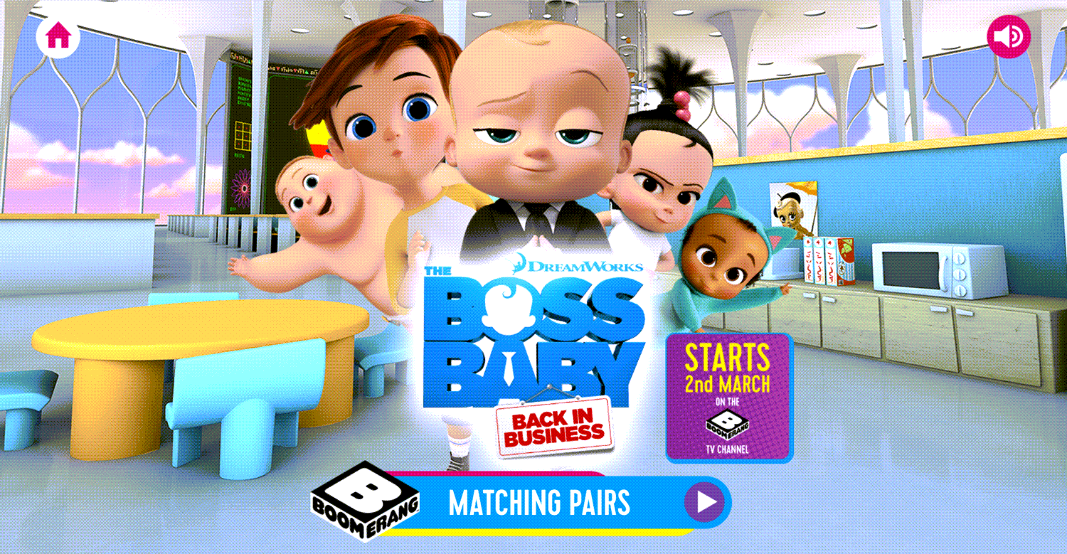 Boss Baby Matching Pairs Game Welcome Screen Screenshot.