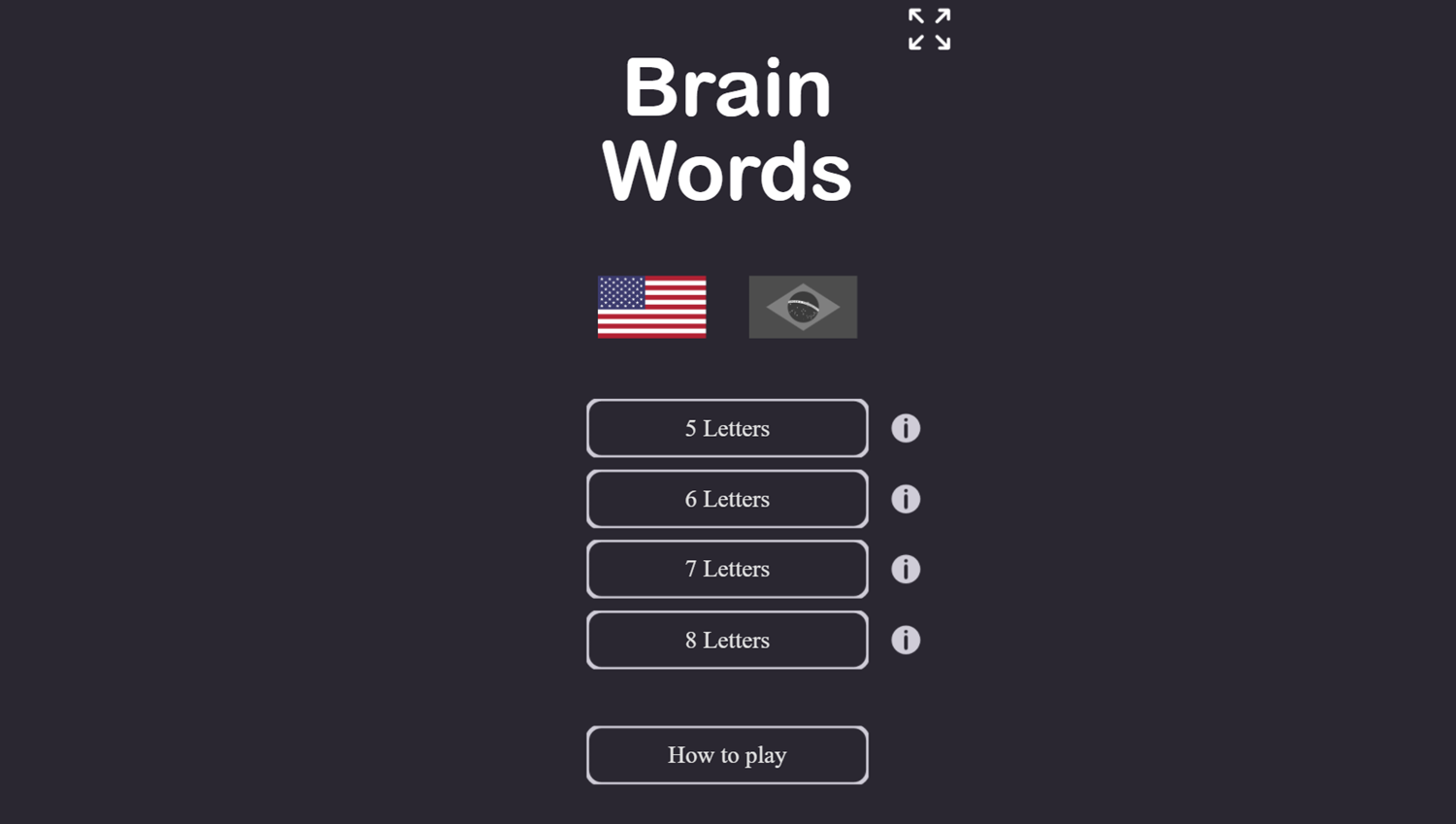Brain Words Game Welcome Screen Screenshot.