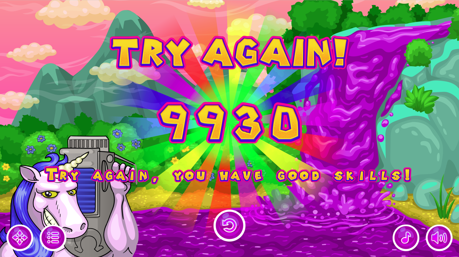 Brick Breaker Unicorn Game Over Screen Screenshot.