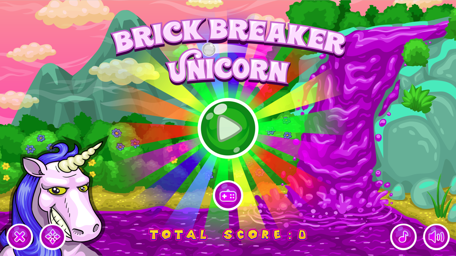 Brick Breaker Unicorn Game Welcome Screen Screenshot.