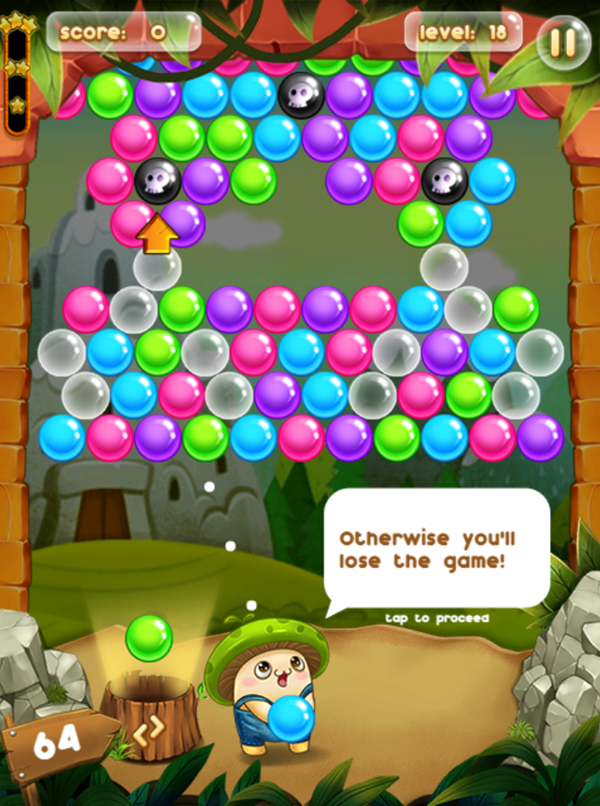 Bubble Pop Adventures Game Hit Skull Bubbles and Lose Info Screen Screenshot.