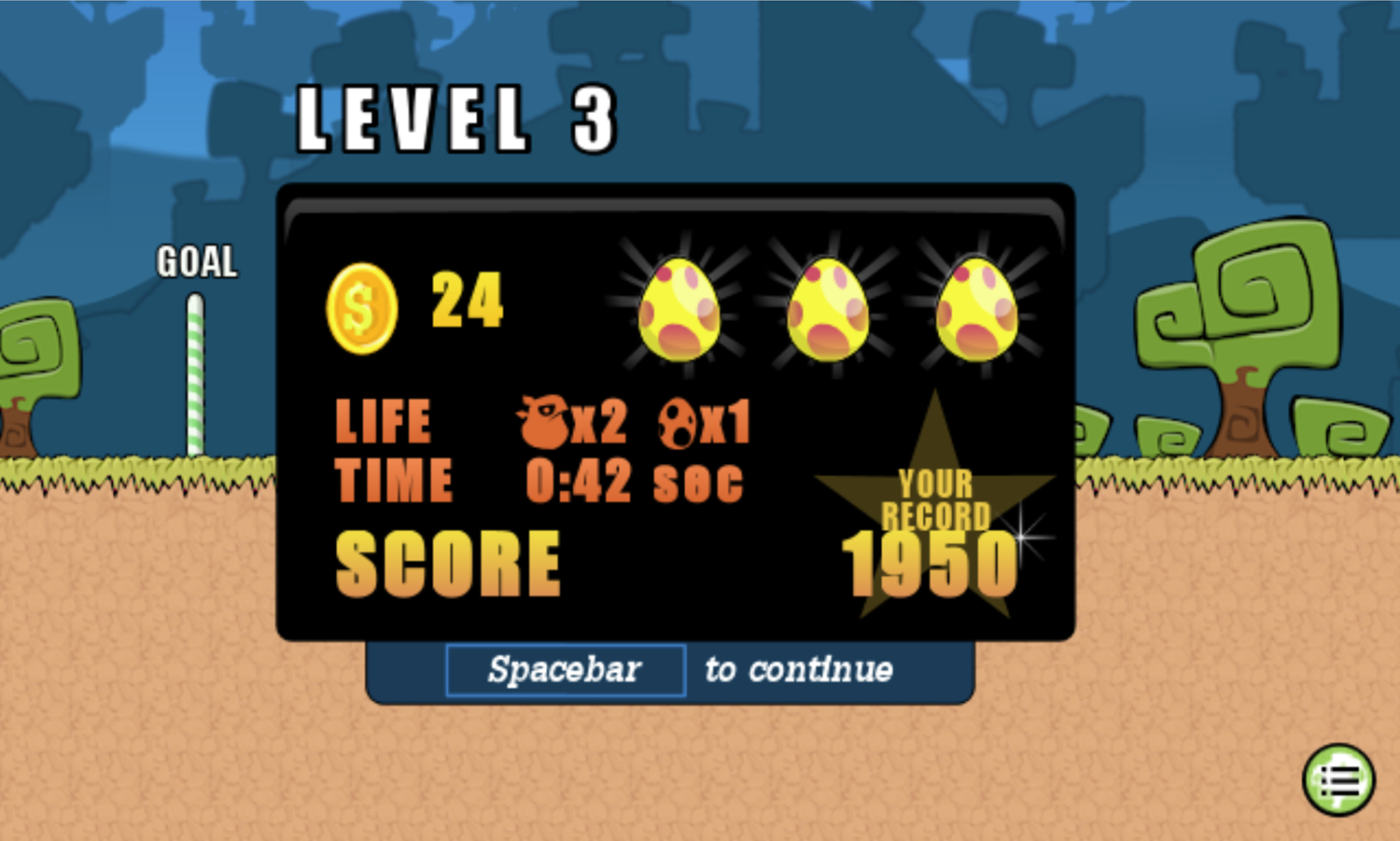 Bugongo Bouncy Jungle Game Level Complete Screen Screenshot.