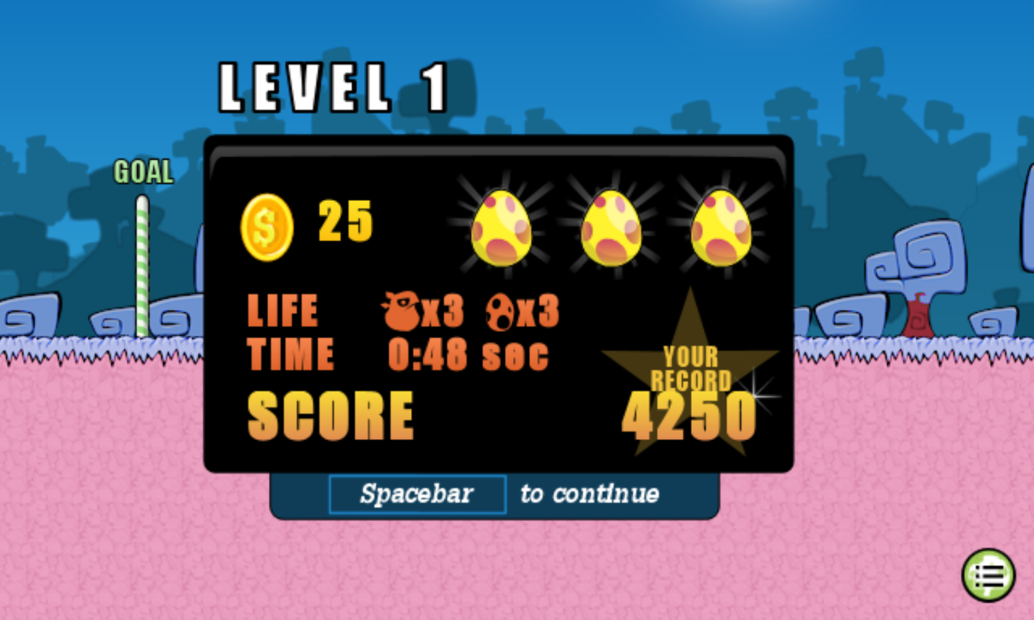 Bugongo Snowy Peaks Game Level Score Screenshot.