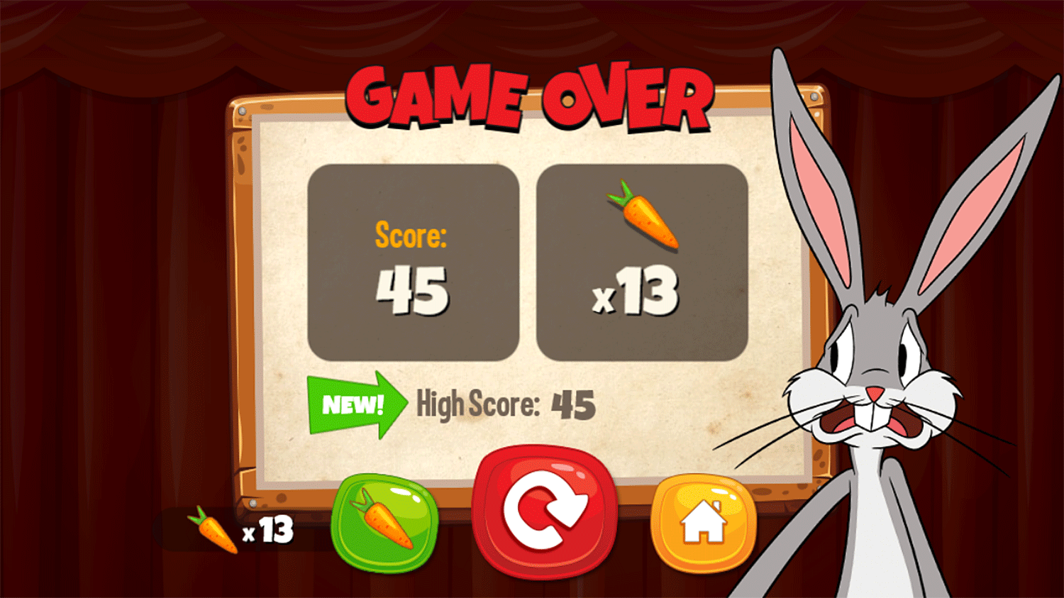 Bugs Bunny Carrot Chase Game Over Screenshot.