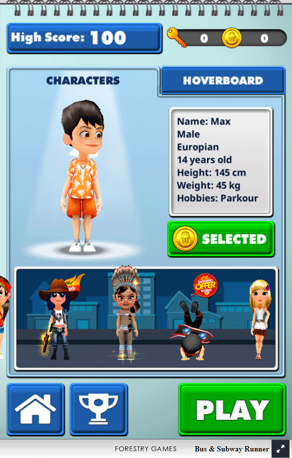 Bus and Subway Runner Game Character Select Screenshot.