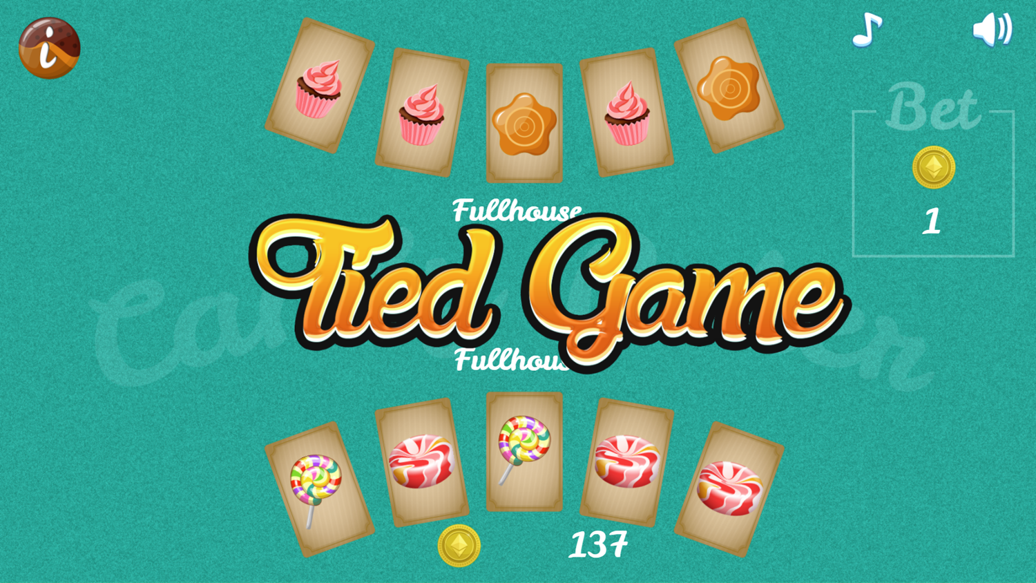 Candy Poker Game Tied Game Screen Screenshot.