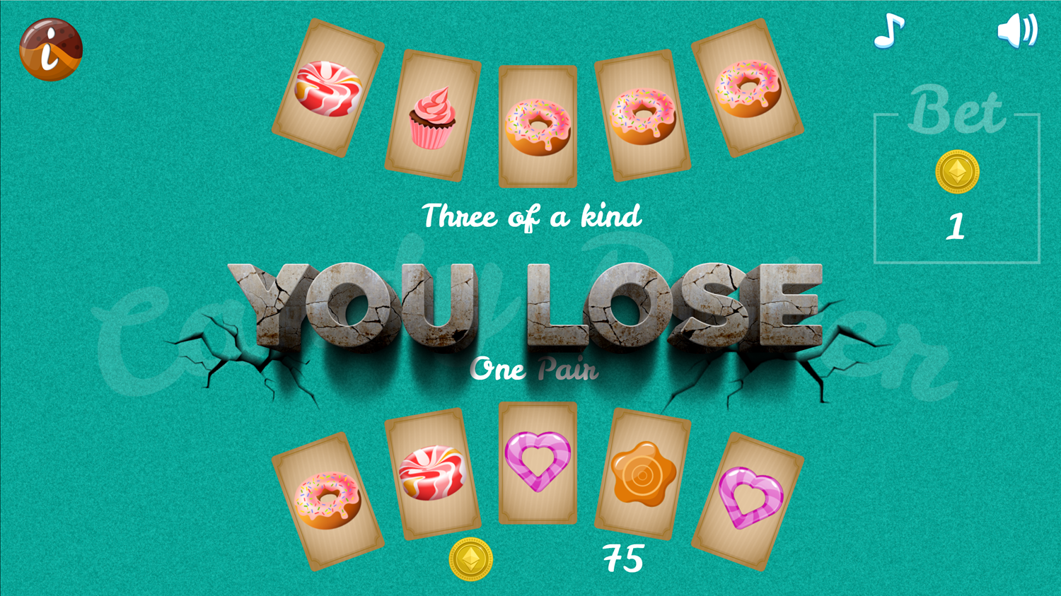 Candy Poker Game You Lose Screen Screenshot.