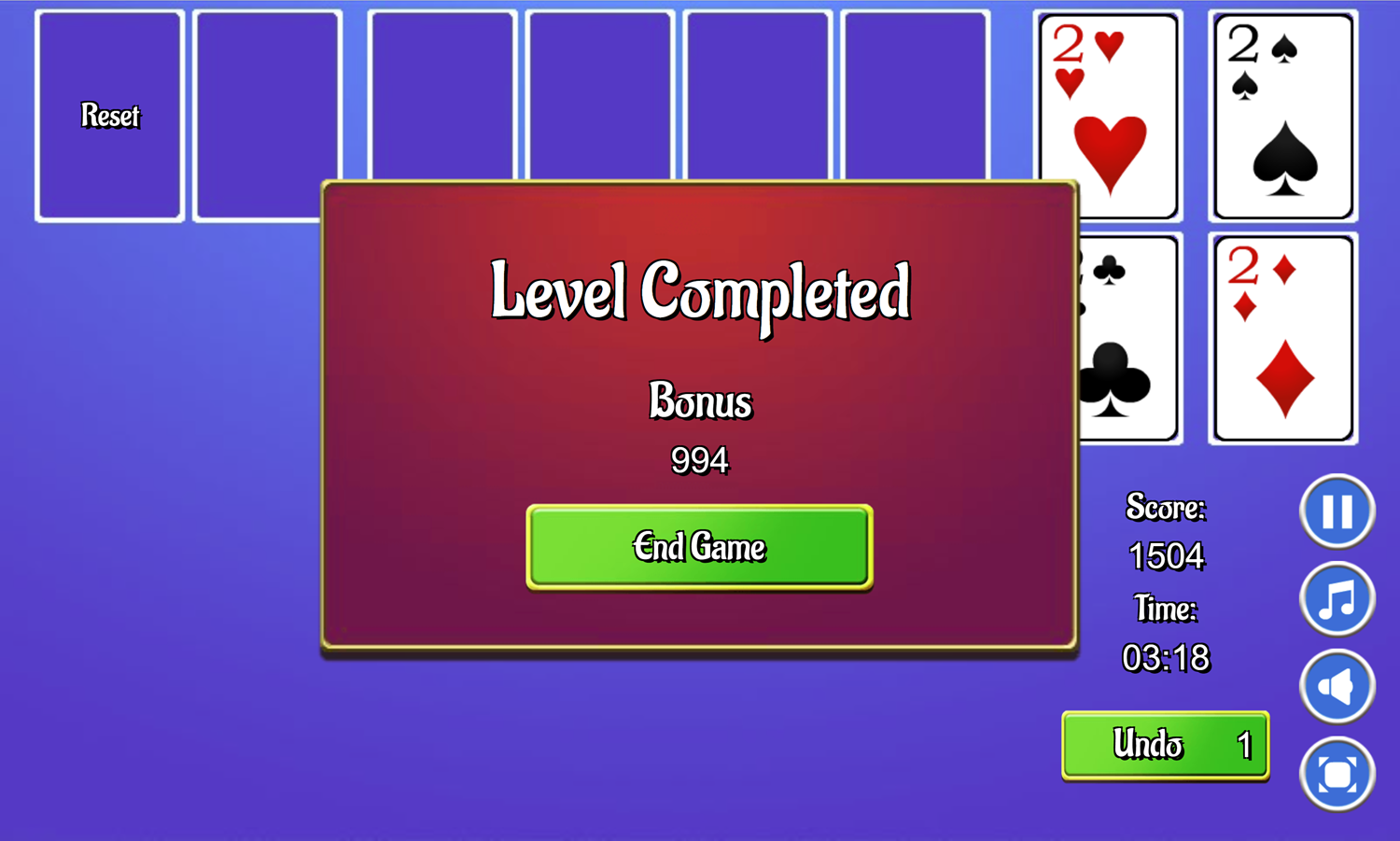 Canfield Solitaire Game Level Completed Screen Screenshot.