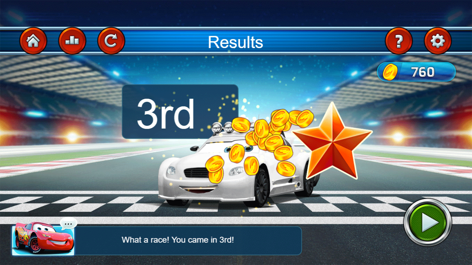 Cars Lightning Speed Game Results Screenshot.
