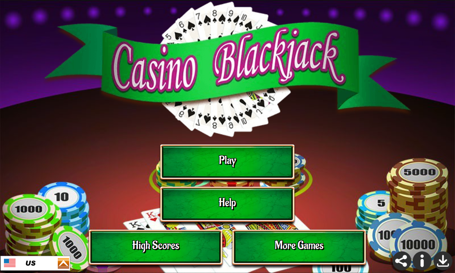 Casino Blackjack Game Welcome Screen Screenshot.