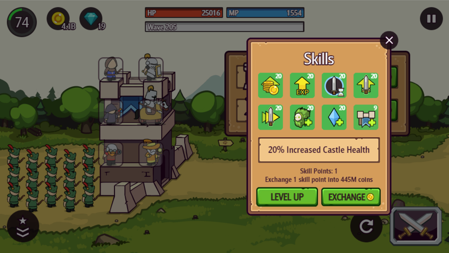 Castle Defender Saga Game Upgraded Skill Points Screenshot.