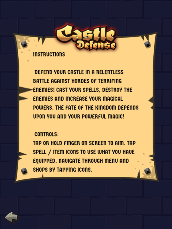 Castle Defense Game Instructions Screenshot.