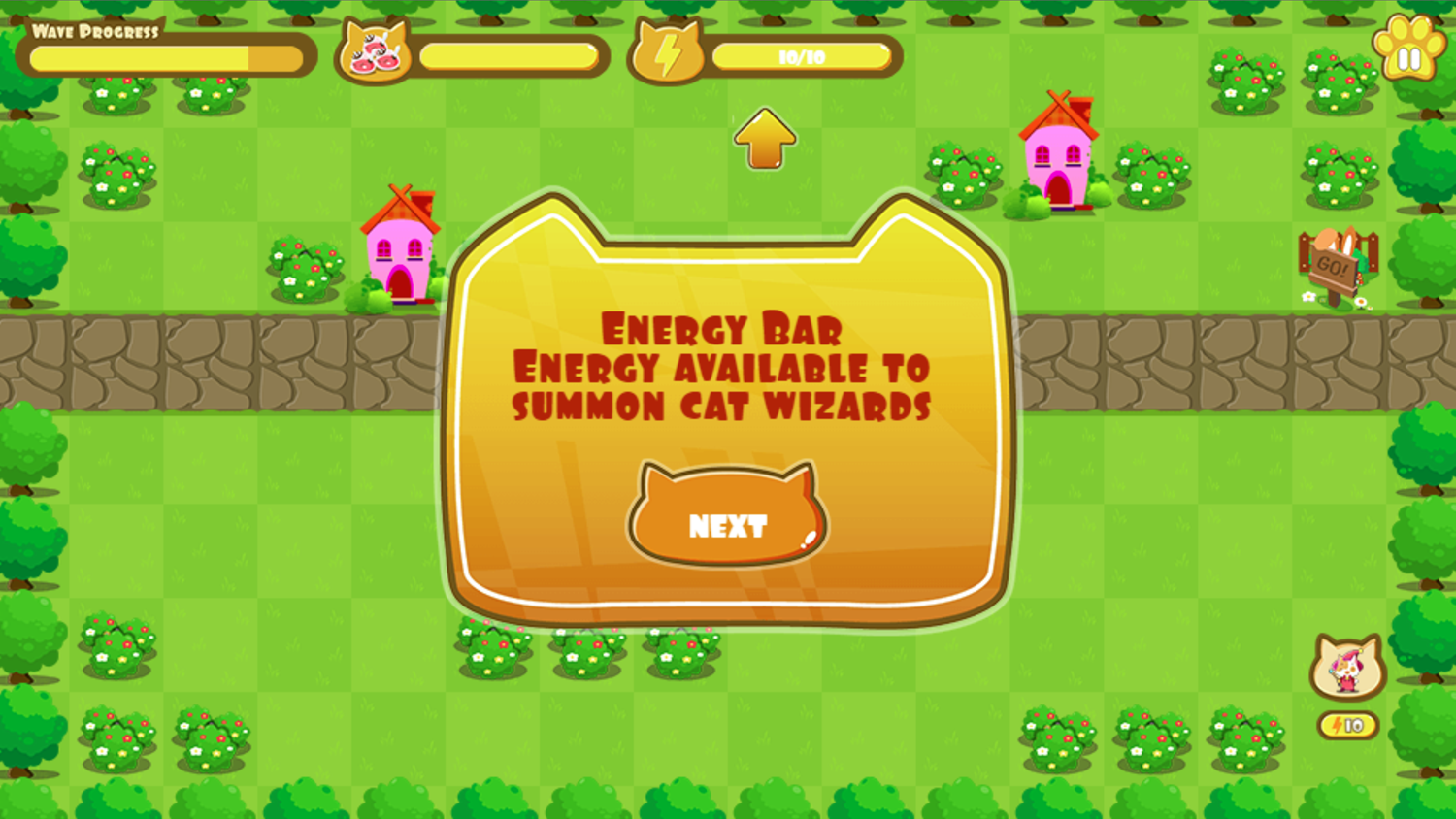 Cat Wizard Defense Game Energy Bar Instructions Screen Screenshot.