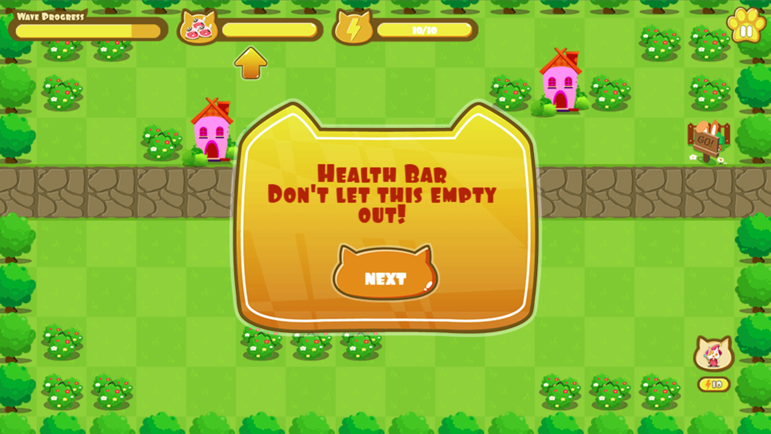 Cat Wizard Defense Game Health Bar Instructions Screen Screenshot.