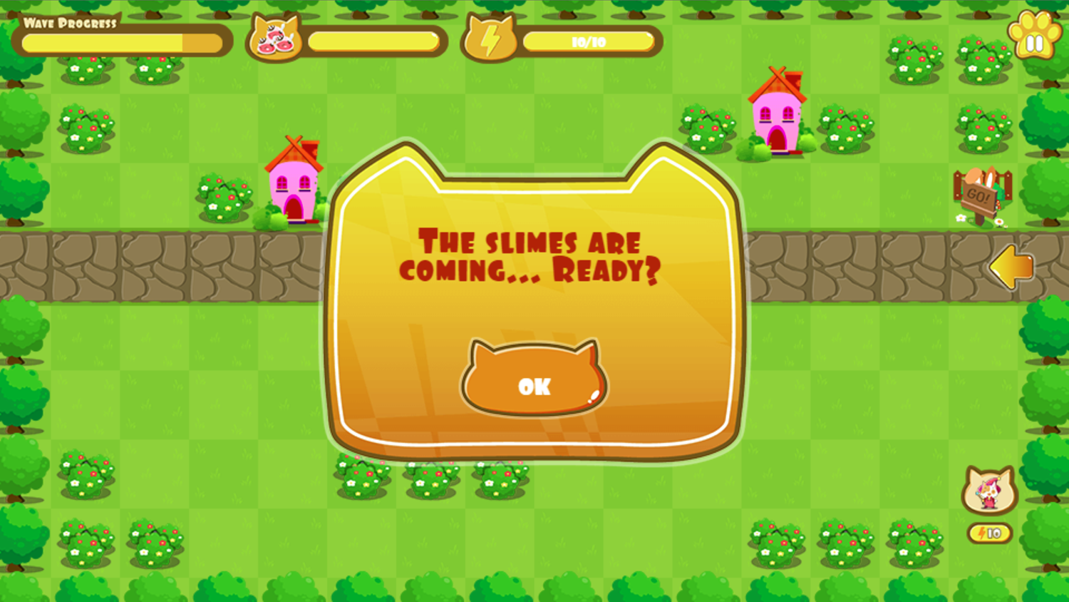 Cat Wizard Defense Game Incoming Slimes Screen Screenshot.