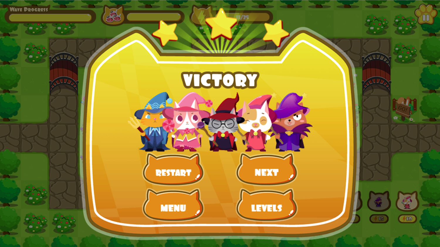 Cat Wizard Defense Game Level Beat Screen Screenshot.