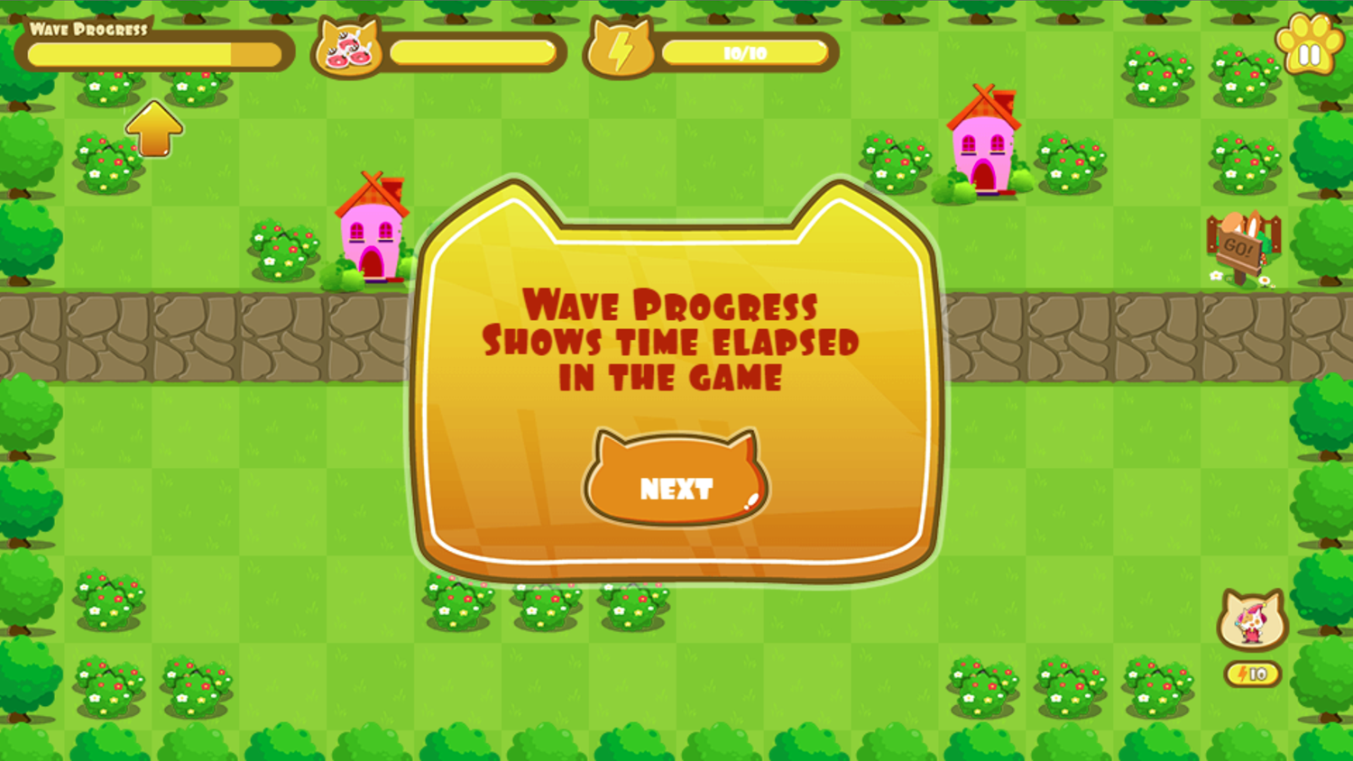 Cat Wizard Defense Game Wave Progress Meter Instructions Screen Screenshot.