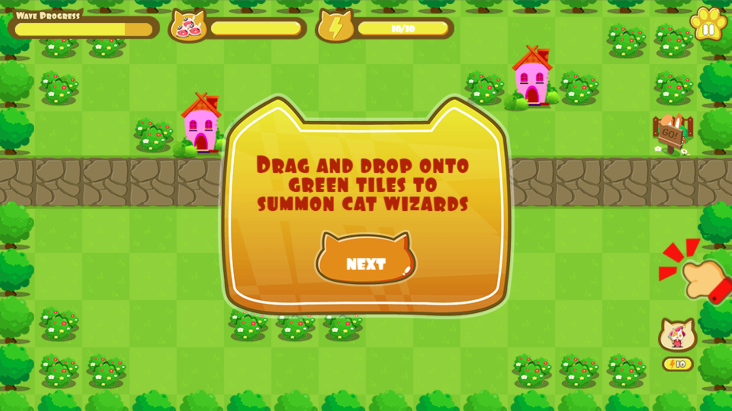 Cat Wizard Defense Game Summon a Cat Wizard Instructions Screen Screenshot.