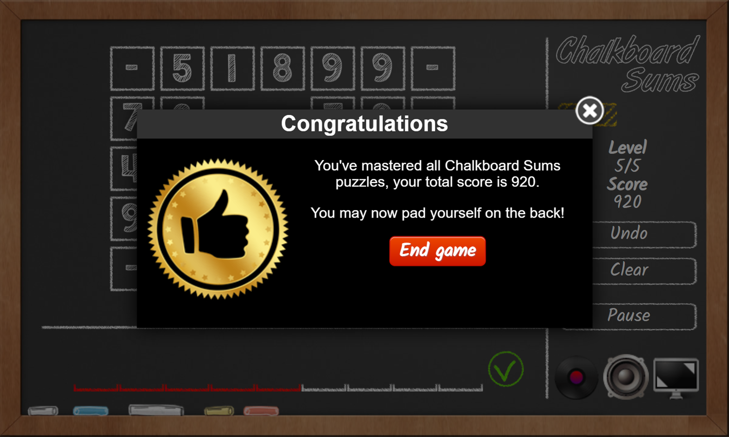 Chalkboard Sums Game Congratulations Screenshot.