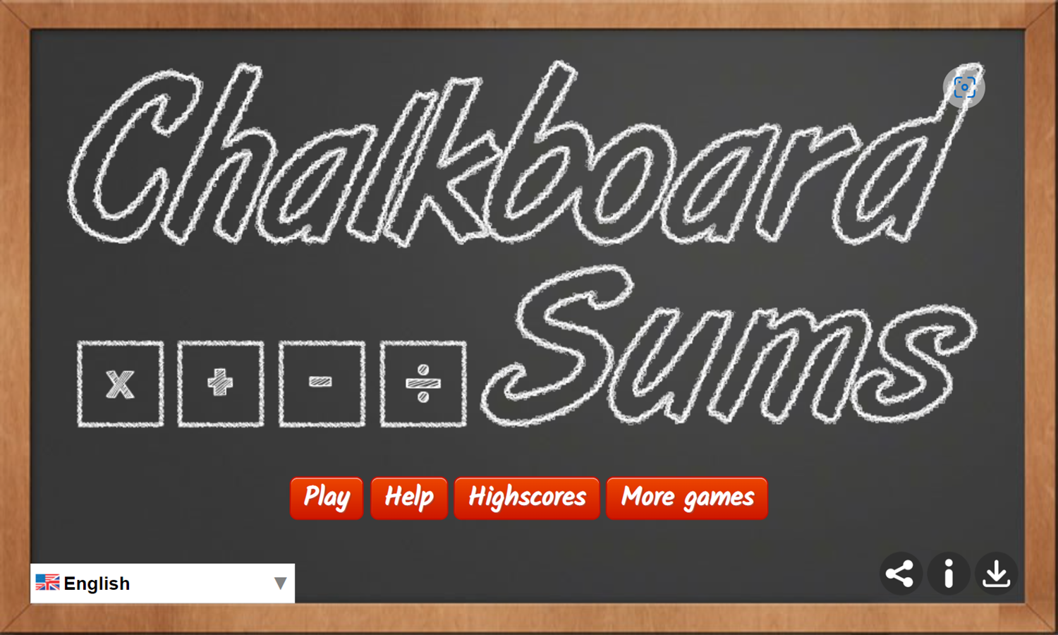 Chalkboard Sums Game Welcome Screen Screenshot.