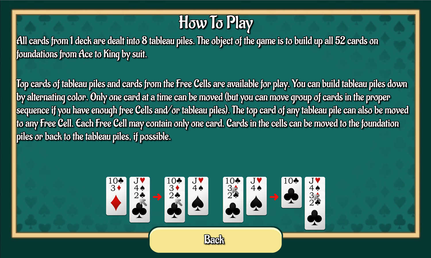 Challenge Freecell Game How to Play Screen Screenshot.